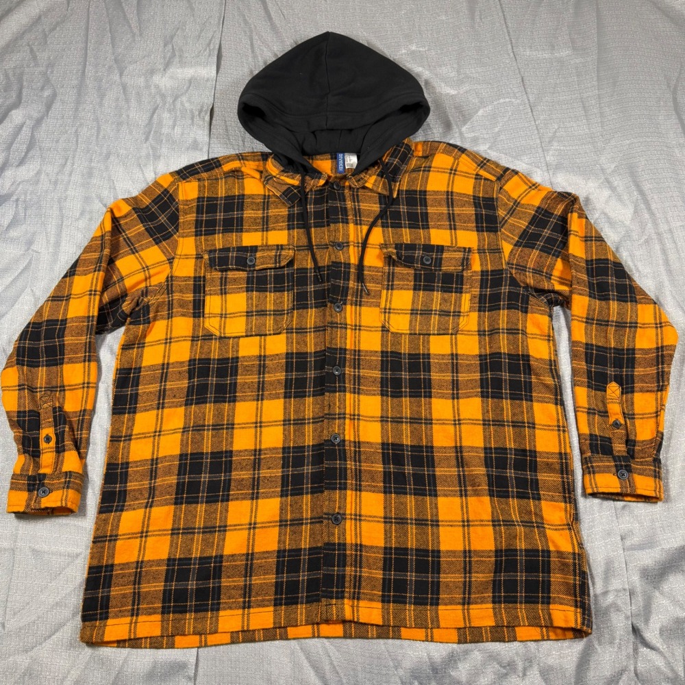 H&M Flannel Shirt Mens XL Orange Plaid Hooded Long Sleeve Button Up Streetwear